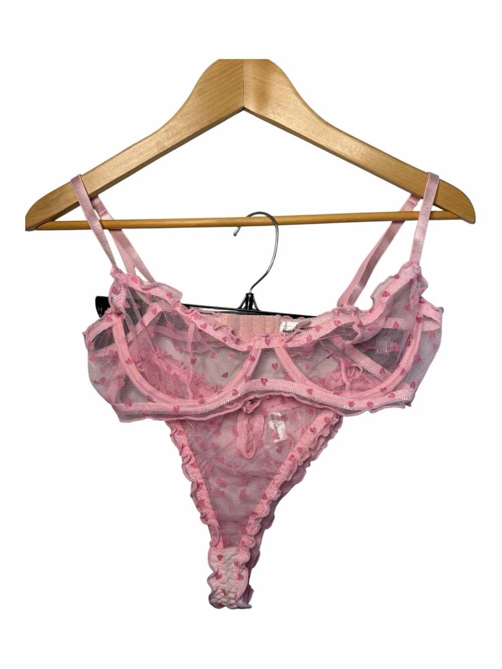 Moxy Intimates Pink Mesh Heart Print Underwire Bra and Thong Set